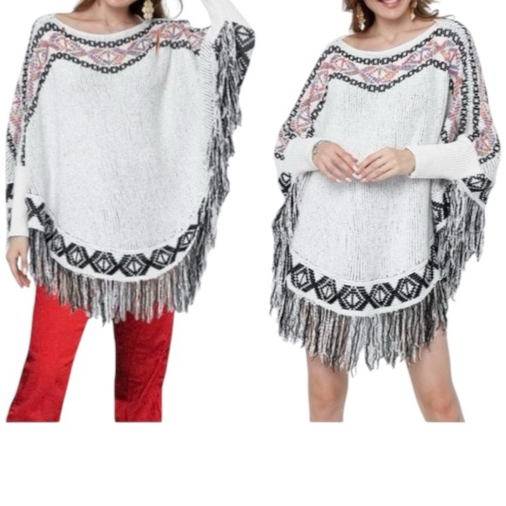 Tribal Design Chenille Poncho Sweater Fitted Cuff - Picture 2 of 11